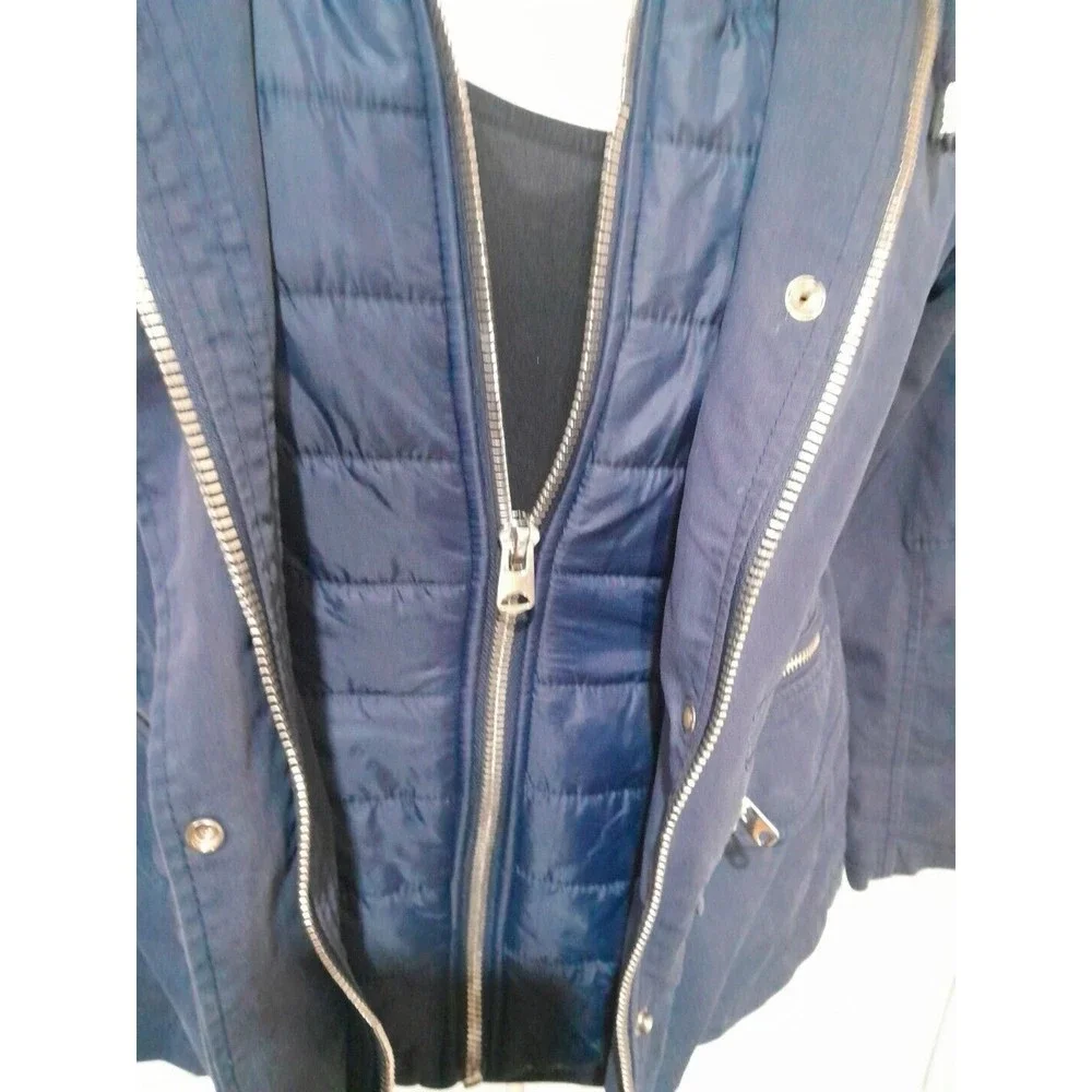 TOPSHOP Women's Navy Blue Hooded Puffer Winter Zip Up Jacket Sz 6
